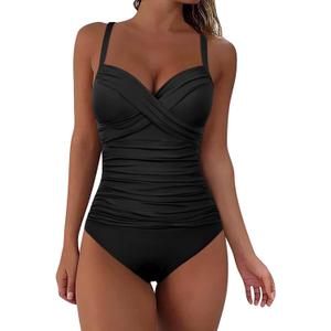 Hilor Women's Ruched Underwire One Piece Swimsuit Front Twist Swimwear Tummy Control Bathing Suit Monokini (14, Black)