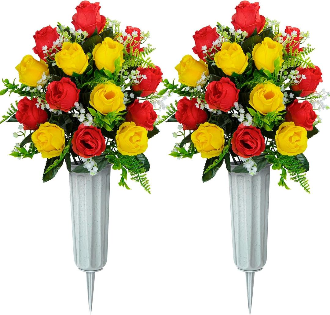 XONOR Artificial Cemetery Flowers for Grave Decorations, Artificial Memorial Roses Flowers Bouquet with Vase for Cemetery Headstones Decoration, 2 Sets (Red&Yellow)