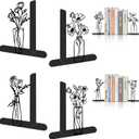4 Pcs Floral Metal Bookends - Flowers Book Ends for Shelves Decorative, Home Office Desk Bookshelf Decor, Gift for Floral Lovers and Reading Enthusiasts, Reading Gifts for Women