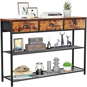 Furologee White Entryway Table, 38'' Console Sofa Table with 3 Fabric Drawers, Industrial Entry Way Table with Storage Shelves, Display Shelf for Living Room, Hallway, Entrance, Foyer