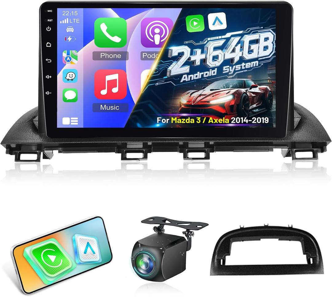 Car Radio for Mazda 3 Axela 2014-2019, [2+64] 9 inch Android Touchscreen Stereo with Carplay/Android Auto, GPS, WiFi, Bluetooth, SWC, Backup Camera + MIC, FM/RDS