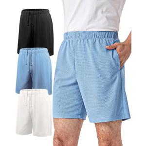 Liloak Men's Athletic Shorts with Pockets,Sweat Shorts for Men Pack,7 Inch Cotton Knit Shorts Men Multipack Casual Fit Summer (Medium, Waffle-grey/White/Lightblue)