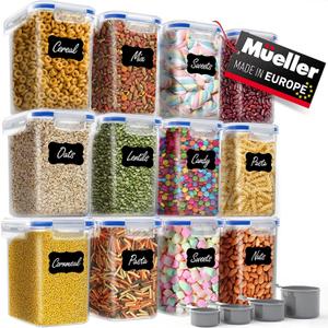 Mueller Airtight Storage Food Container Set with Lids – 12-Piece, Kitchen & Pantry Organization and Storage, Dishwasher, Freezer and Microwave Safe – 12 Labels, 4 Measuring Cups and Marker, White