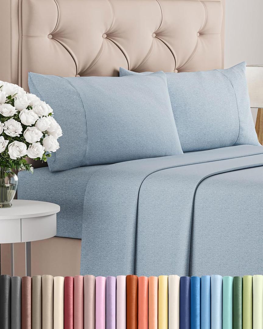 Queen Size 4 Piece Sheet Set - Comfy Breathable & Cooling Sheets - Hotel Luxury Bed Sheets for Women & Men - Deep Pockets, Easy-Fit, Soft & Wrinkle Free Sheets - Heathered Blue Oeko-Tex Bed Sheet Set