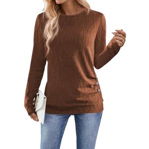 Samefar Womens Long Sleeve T Shirts Crewneck Fall Fashion 2025 Basic Business Casual Tops Tunics Clothing, Brown Large