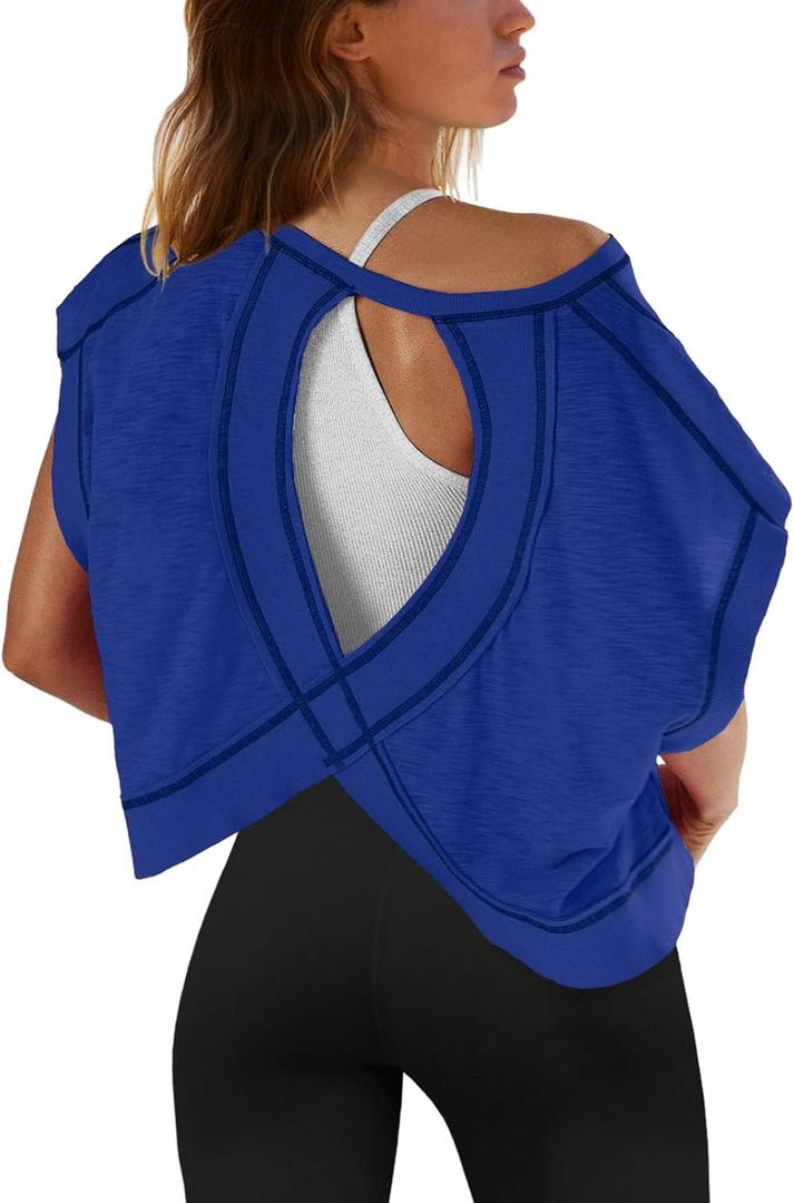 SENSERISE Womens Open Back Workout Tops Backless Short Sleeve Athletic Shirt Running Crop Top Gym Yoga Tee (Small, Royal Blue)