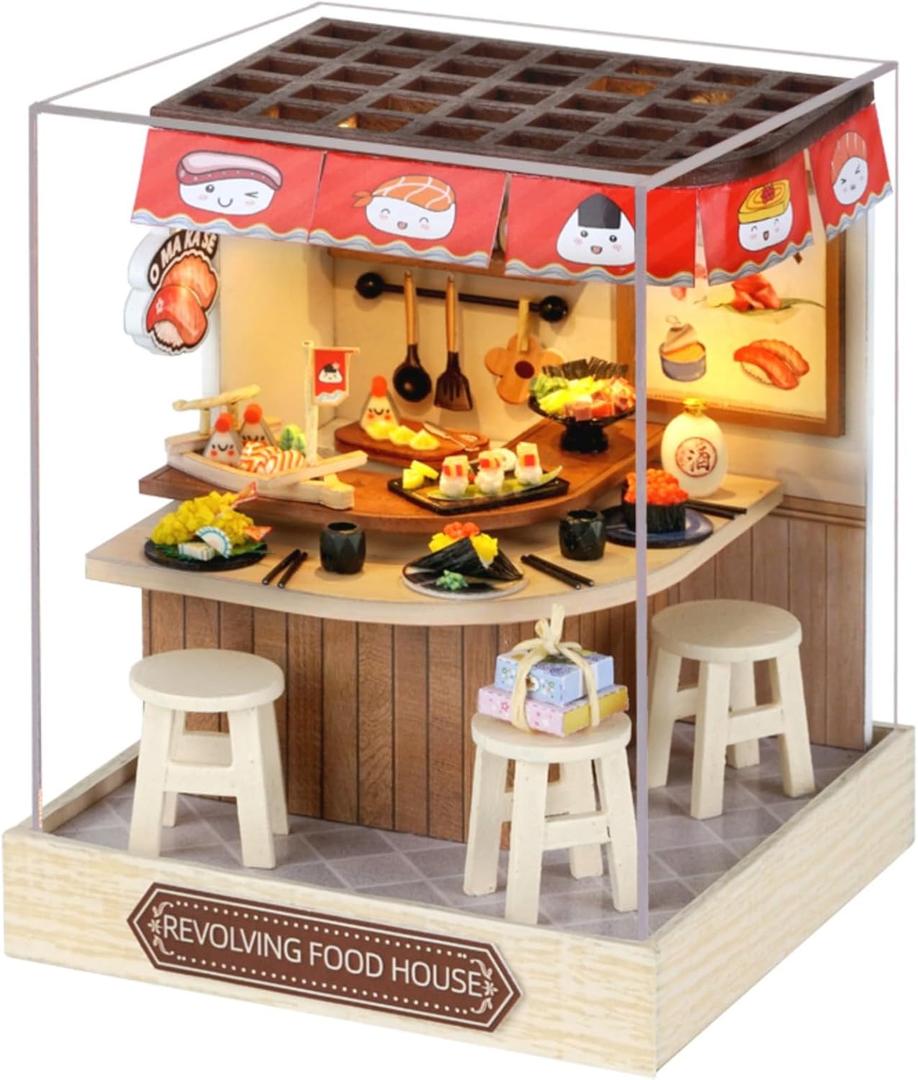 OZJAY DIY Miniature House Kit with Dust Proof Cover, 1:24 Scale Creative Room Mini DIY Wooden Dollhouse Miniature Kit for Adults Teen(Revolving Food House)