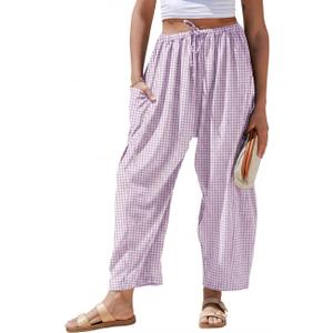 TARSE Womens Linen Wide Leg Striped Pants Casual Barrel Loose Drawstring Low Waist Palazzo Harem Pants with Pockets(Light Purple White Plaid, XS)