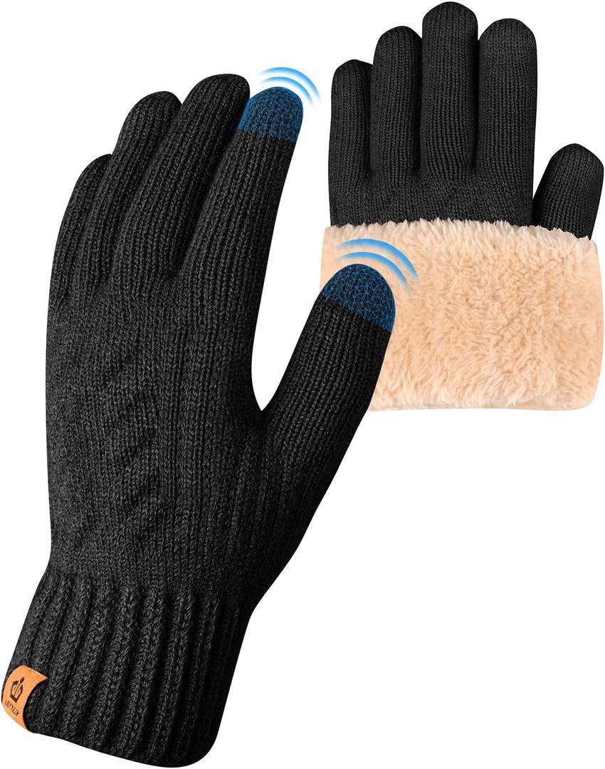 Thermal Winter Gloves-Fleece Lining Touch Screen Knit Stretchy Warm Gloves for Running Cycling Riding- Men Women (Black)