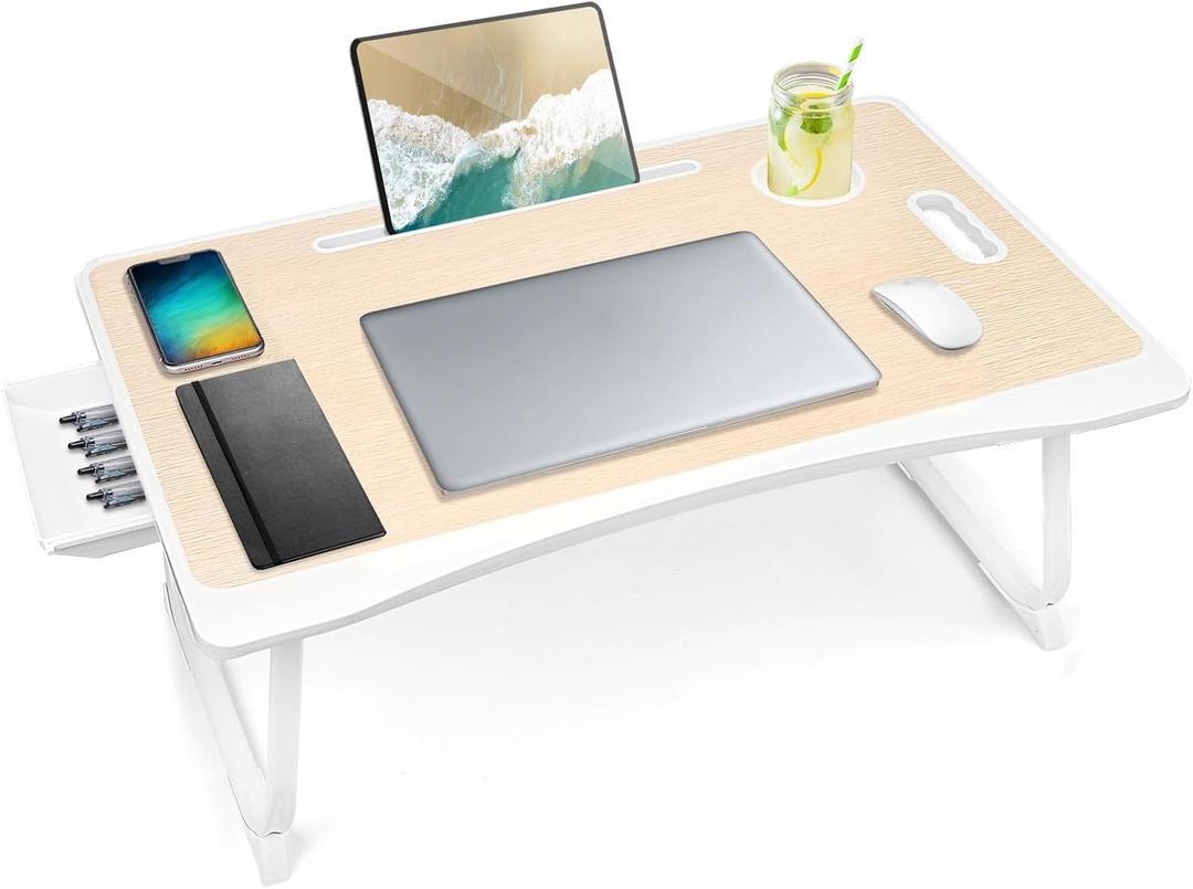 Amaredom Laptop Bed Desk Tray Bed Table, Foldable Portable Lap Desk Notebook Stand Reading Holder with Storage Drawer and Cup Holder for Eating Breakfast on Bed/Couch/Sofa-White Oak