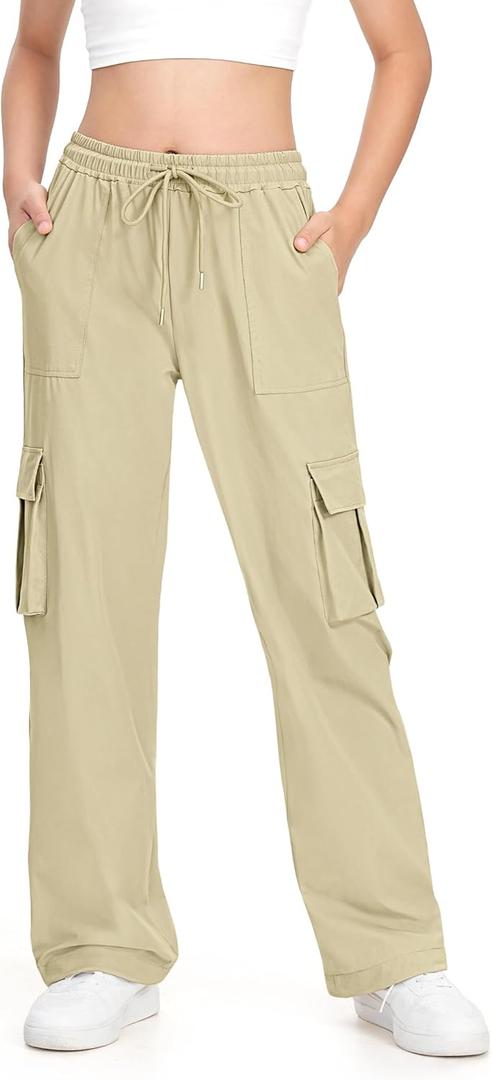 HASMES Girls Cargo Pants Kids Sweatpants Joggers Hiking Pants Water-Resistant with Pockets, 7-15Y Khaki
