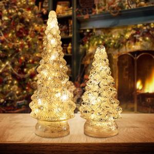 PHITRIC Christmas Decorations Indoor, 2 PCS Sparkling Glass Christmas Tree Table Decorations with LED Lights, Lighted Xmas Tree Decorations with Timer for Home Mantel Shelf Table Decor (Silver)