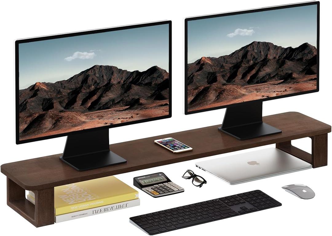 Ufine Dual Monitor Stand Riser 2 Heights Adjustable Wood Computer Monitor Stand Desktop Organizer, Large Monitor Stand for 2 Monitors, Laptop, TV, Printer