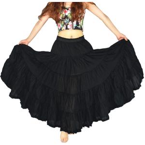 YSJERA Women's Cotton 5 Tiered A Line Pleated Maxi Skirt Long Boho Gypsy Dance Skirts (L, Black)