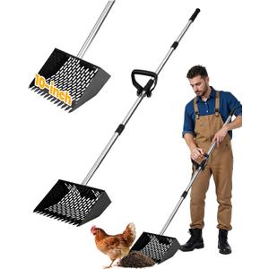 Chicken Poop Scooper & Rake 2-in-1 with Ergonomic Grip, Adjustable Length (22"61.5"), Metal Sifting Shovel with Holes for Chicken Coop Cleaning, Multifunctional Chicken Manure Scoop
