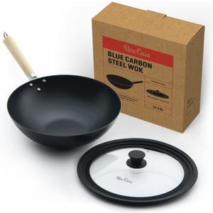 Uno Casa 12 Inch Blue Carbon Steel Wok Pan - Non-Stick, Stir-Fry, Includes Lid