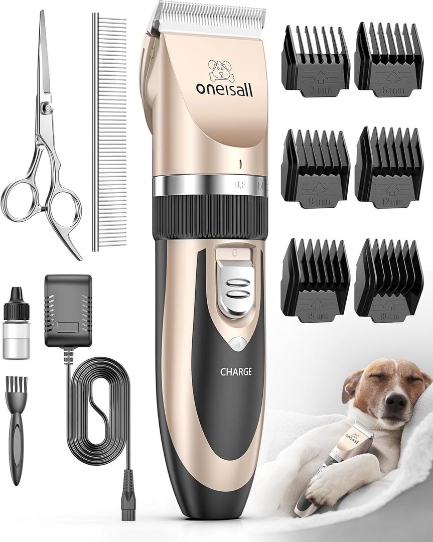 oneisall Dog Clipper Low Noise, Dog Grooming Kit with Rechargeable, Dog Shaver Cordless Electric Quiet Hair Clipper Set for Dog Cats PetsGold (Gold)
