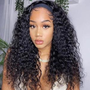 Curly Headband Wig for Women, 20 Inch Wear and Go Glue less Wigs Deep Wave Wig Half Wig As Human Hair with 1 Headband, 180% Density Synthetic Wigs None Lace Front (Short Curly-OMBREBROWN)