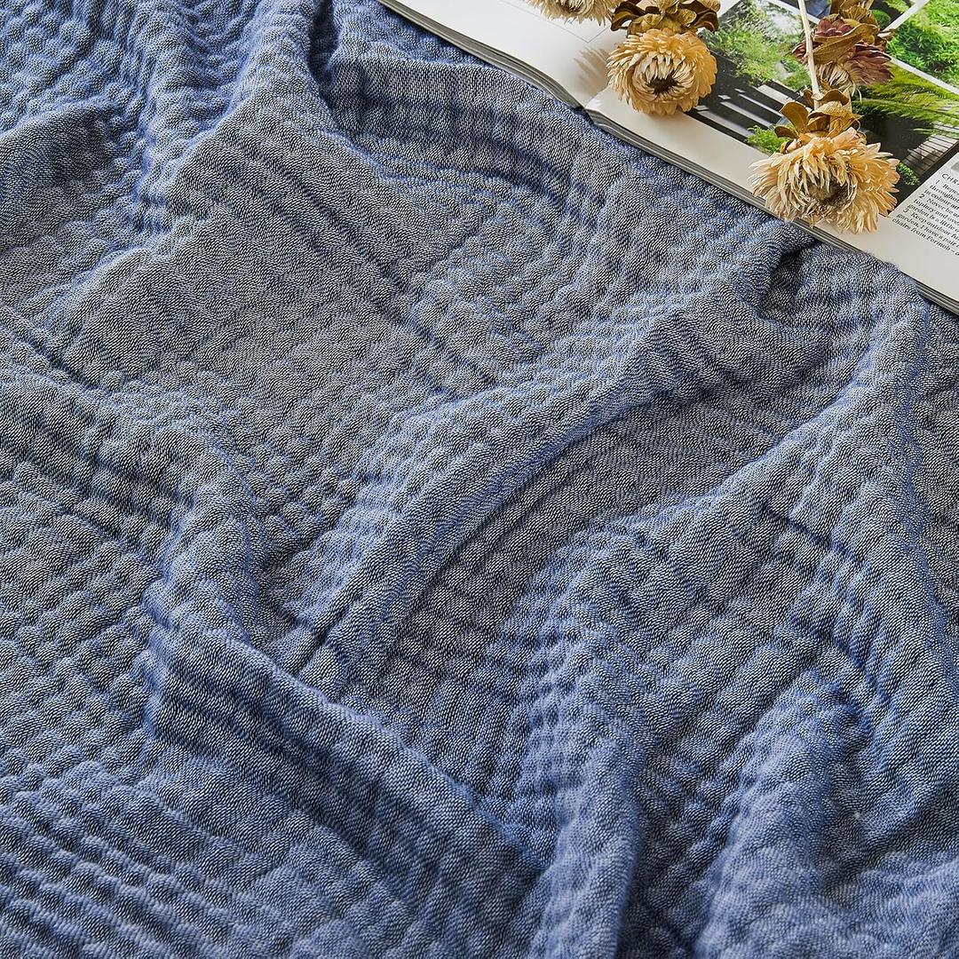 EMME Cotton Muslin King Blanket Bed Layering Bedspread Coverlet Breathable Gauze Soft Lightweight (Heather Navy, 108"x90")