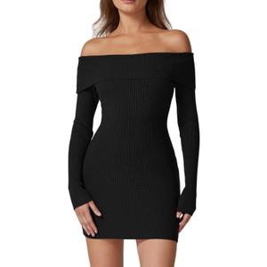 QINSEN Womens Off The Shoulder Sweater Dress Long Sleeve Ribbed Knit Bodycon Y2k Mini Dress Black XS