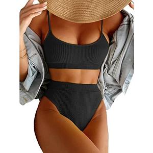 Lilosy High Waisted Tummy Control Ribbed Bikini Crop Top Brazilian Swimsuit Set 2 Piece M
