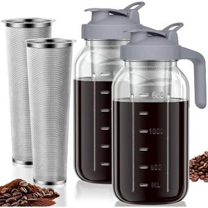 Cold Brew Coffee Maker Jar - 64oz Thick Glass Multipurpose Mason Pitcher Spout Lid with Handle & Stainless Steel Filter for Iced Coffee, Lemonade, Ice Tea, Homemade Fruit Drinks Container2Pack