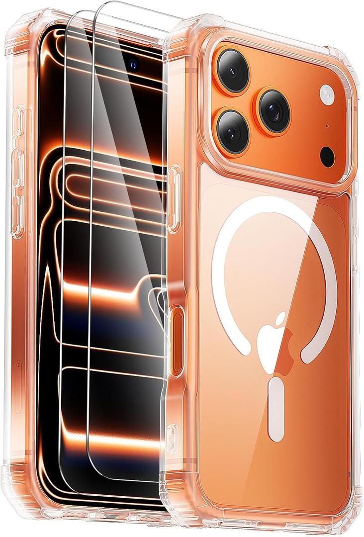 for iPhone 17 Pro Max Case,Screen Protector*2,Anti-Yellowing,Compatible with MagSafe,[Military Grade Drop Tested] Heavy Duty Magnetic Phone Case for iPhone 17 Pro Max 6.9",Clear
