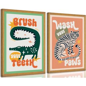 2Pcs Framed Funny Bathroom Animal Canvas Wall Art Tiger Wash Your Paws Poster Print Artwork Funky Maximalist Painting Picture Wall Decor for Apartment Living Room Bathroom Home Decoration