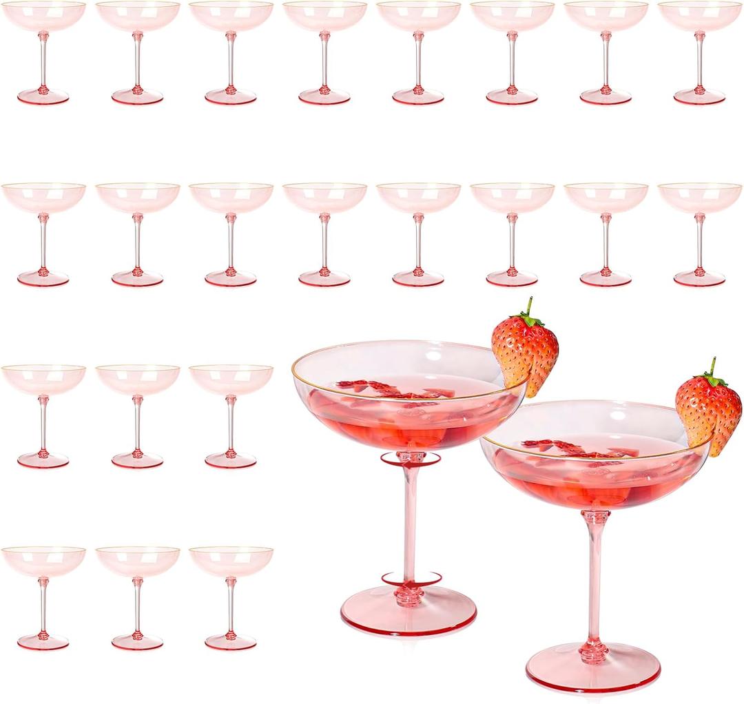 Detachable Martini Glasses 9oz Plastic Pink Champagne Coupe Glasses Gold Rim Hand Blown Vintage Cocktail Glassware Set Unique Martini Glass For Wine Wedding (24, Clear Pink)