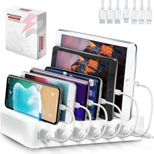 USB Charging Dock - 6-Port Universal Charging Station for Multiple Devices - Multi Device Charger Station - Compatible with Apple, iPad, iPhone, and Android Cell Phones and Tablets (White)