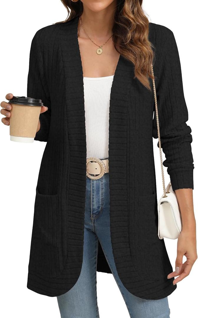YSYOKOW Women Long Sleeve Open Front Cardigan Casual Lightweight Long Cardigans Loose Knit Outwear with Pockets (Large, Black)
