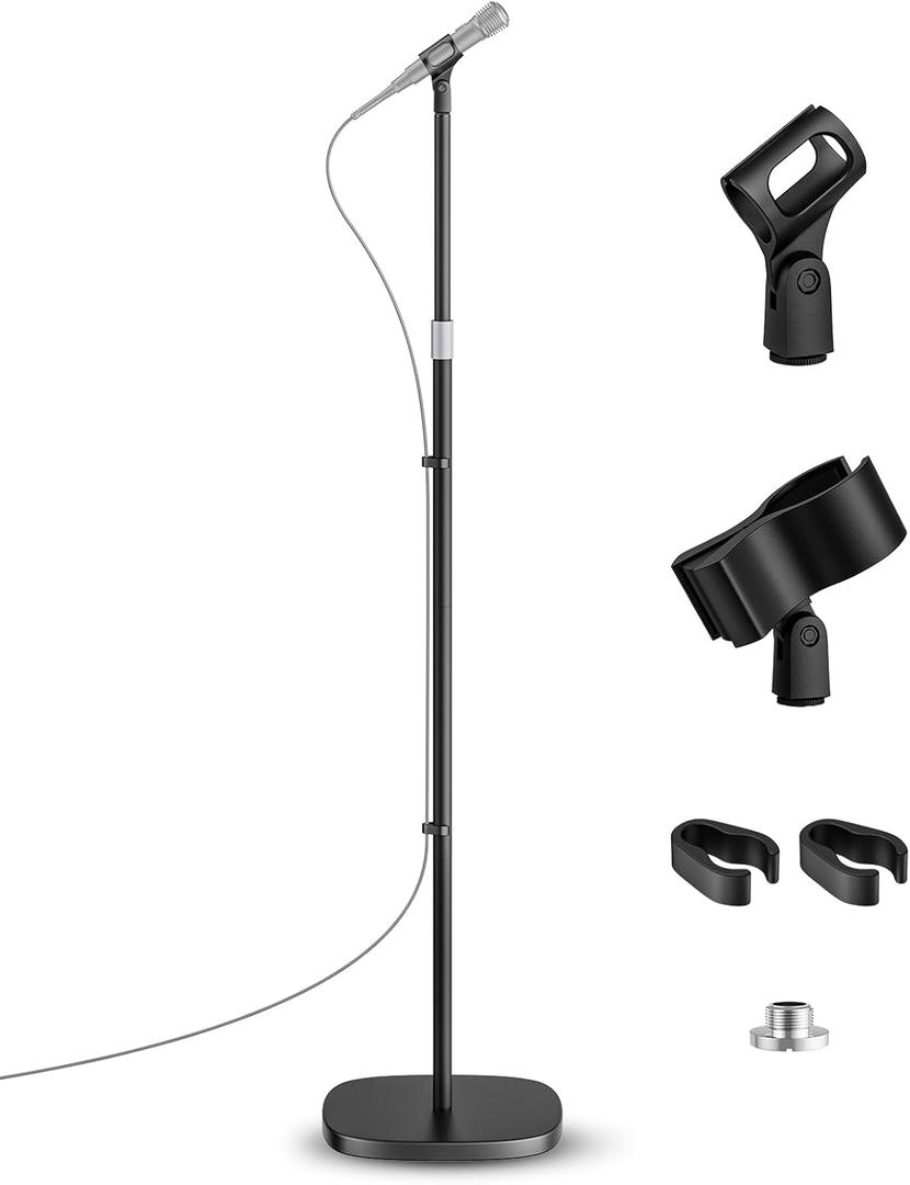 Microphone Stand, Universal Detachable Mic Floor Stand with Compact Weighted Base, Height Adjustable From 22 to 67, 2 Universal Mic Clips for Blue Yeti/Shure SM7B/Samson Q2U and More