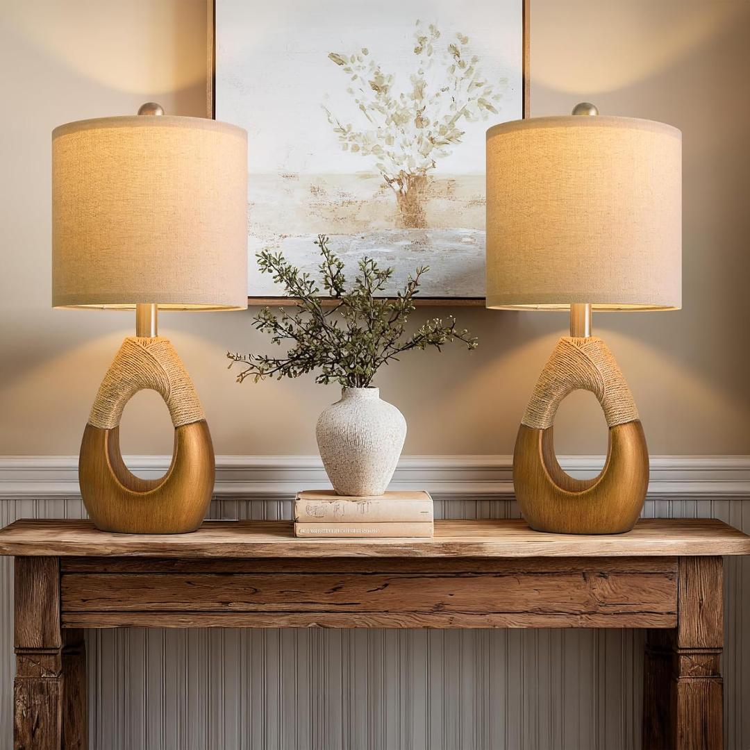 OYEARS 19" Table Lamps Set of 2, Boho Lamps for Living Room, Rustic Bedside Lamps for Bedroom, Farmhouse Rattan Table Lamp, Small Space Nightstand Lamp for Home Office (Bulb Not Included, Gold)