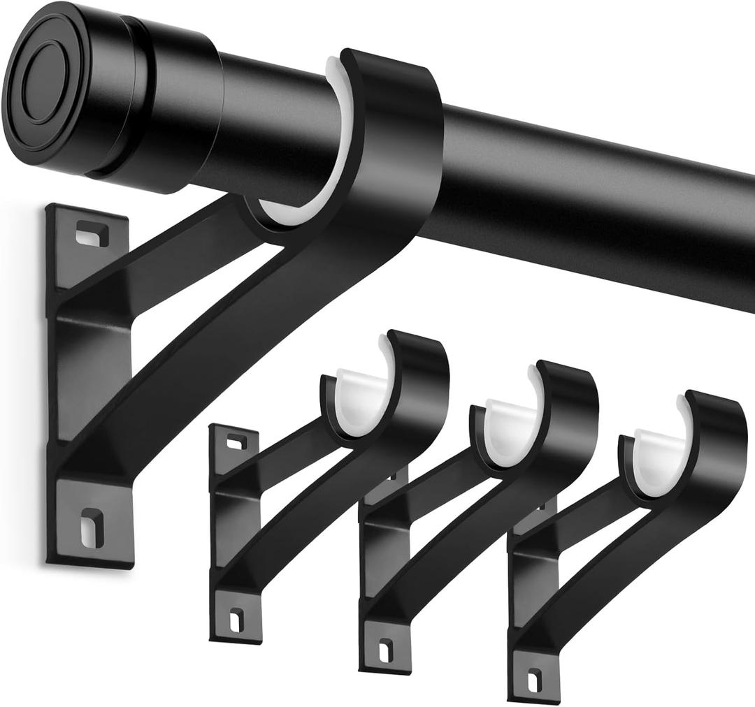 KOLAKO Curtain Rod Bracket, Heavy Duty Curtain Rod Holders Single Decorative Rod Hooks Hanger for 1 Inch Dia Rod, Black 4 Pack (Set of 4)