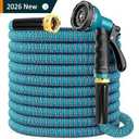 100 ft Expandable Garden Hose, 2025 New Retractable Water Hoses 100ft with 10 Function Spray Nozzle, Solid Brass Fittings, Extra Strength Fabric, Flexible Expanding Latex Core, Lightweight & No Kink