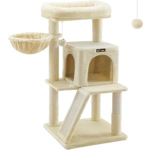 Feandrea Cat Tree, Small Cat Tower with Widened Perch for Large Cats Indoor, Kittens, 37.8-Inch Multi-Level Cat Condo, Scratching Posts and Ramp, 2-Door Cat Cave, Cat Basket, Beige UPCT51M