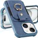 MONASAY Wallet Case Compatible for iPhone 15 Plus/14 Plus 5G 6.7 inch with 360 Rotation Ring Stand[Glass Screen Protector][RFID Blocking] Leather Phone Cover with Card Holder, Light Blue