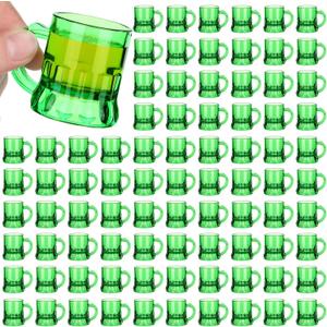 96 Pcs St Patricks Day Green Mini Plastic Beer Mug Irish Shot Glasses with Handles Irish Gifts Party Favors Green Plastic Miniature Beer Cup for Saint Patty's Day Celebration
