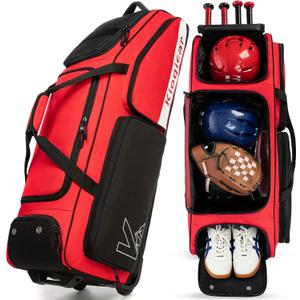 Catchers Gear Bag with Wheels for 4 Bats, Rolling Baseball Softball Bag With Multi-Pockets, Fence Hook, Holds All Baseball Equipment.