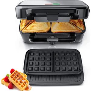 FOHERE Sandwich Maker 3 In 1 Waffle Maker With Removable Plates,1200W Grilled Cheese Maker, 5-gear Temperature Control, Non-stick Coating Easy to Clean, Indicator Lights, Silver/Black