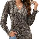 Rapbin Womens V Neck Puff Long Sleeve Button Down Tunic Blouses Fall Tops 2025 Ruffle Cuffs Dressy Casual T-Shirts (XX-Large, Long Sleeve - Black Small Yellow Floral)