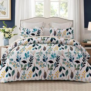 Whale Flotilla Reversible Printed Quilts Queen Size, Extra Soft Boho Floral Leaf Bedspreads for Bed Lightweight Full Queen Quilt Bedding Set Coverlets with 2 Pillow Shams for All Seasons, White Green
