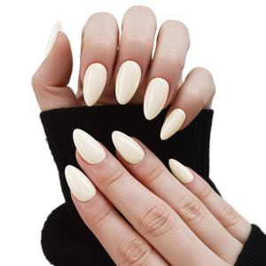 4 x Short Almond Press On Nails, Durable Reusable Glossy Artificial Nails Kit with Adhesive Tabs, 24 Pcs 12 Sizes for Fashion Women, Perfect for for Daily Outfits, Party or Date, White