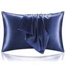 Navy Blue Satin Silk Pillow Covers Pack of 2 for Hair and Skin-with Satin Scrunchies for Women 15 x 25 Inches Solid Pillowcovers Silk Scrunchies for Women