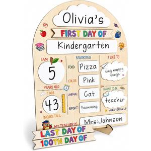 First & Last Day of School Sign, Reusable Wooden Board for Kids, PreK | 9" x 7" Wooden Reusable Signs, Dry-Erase Writing Surface, Tabletop Stand, First Day of School Sign
