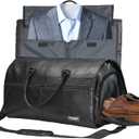 STOVER Garment Travel Duffle Bag, Large 2-in-1 Convertible Carry-on Luggage for Men & Women- Hanging Suits, Dresses & Clothes + Shoe Compartment- Weekender Tote Combo Duffel (Black Leatherette)