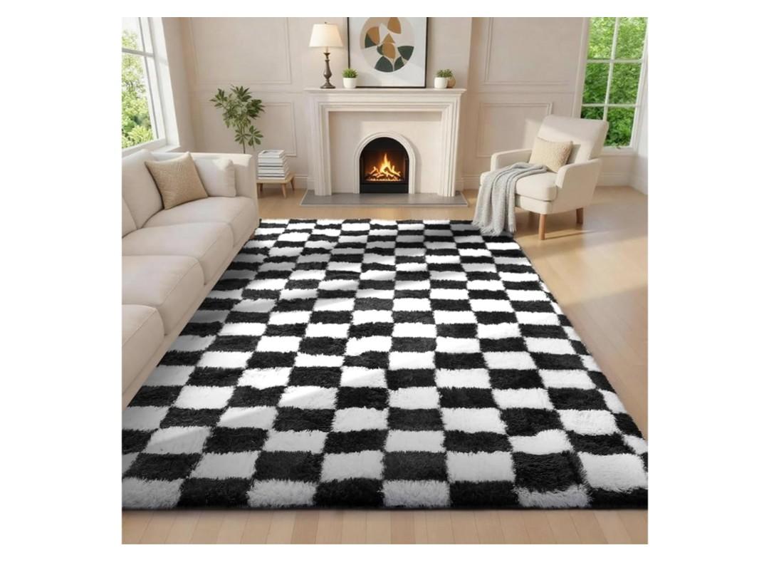 Ophanie Checkered Black & White Rug for Living Room Bedroom, Fluffy Soft Cute Fuzzy Area Rugs, Shag Plush Shaggy Bedside Floor 6x9 Furry Carpet for Kids Baby Teen Dorm Nursery Home Decor Aesthetic