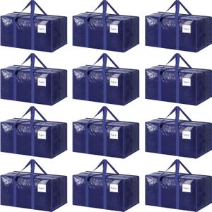 12 Pack Extra Heavy Duty Large Moving Bags with Strong Zipper & Comfortable Handles, Sturdy & Durable Clothes Storage Bags Totes Bins, Packing Moving Boxes for College Supplies, Dark Blue