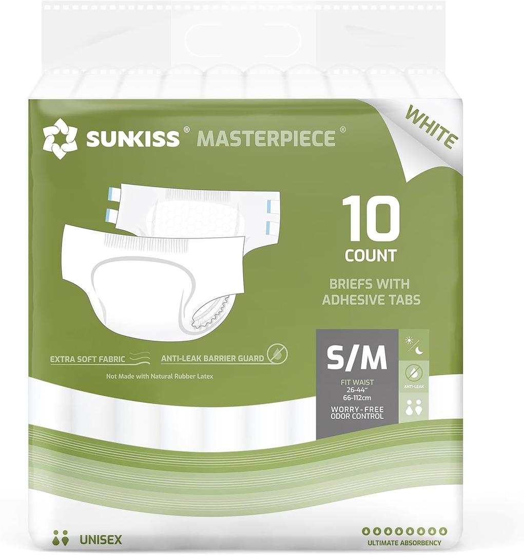 SUNKISS Masterpiece Adult Diapers with Tabs, Unisex Disposable Incontinence Briefs for Women and Men, Odor Control, White, Small/Medium, Previously Medium, 10 Count, EXP 2028/01/05