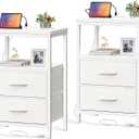 Huuger Nightstands Set of 2, End Tables with Charging Station, Side Tables with Fabric Drawers, Bedside Tables with USB Ports and Outlets, Night Stands, PU Leather, White, 11.8"d X 15.7"w X 23.6"h